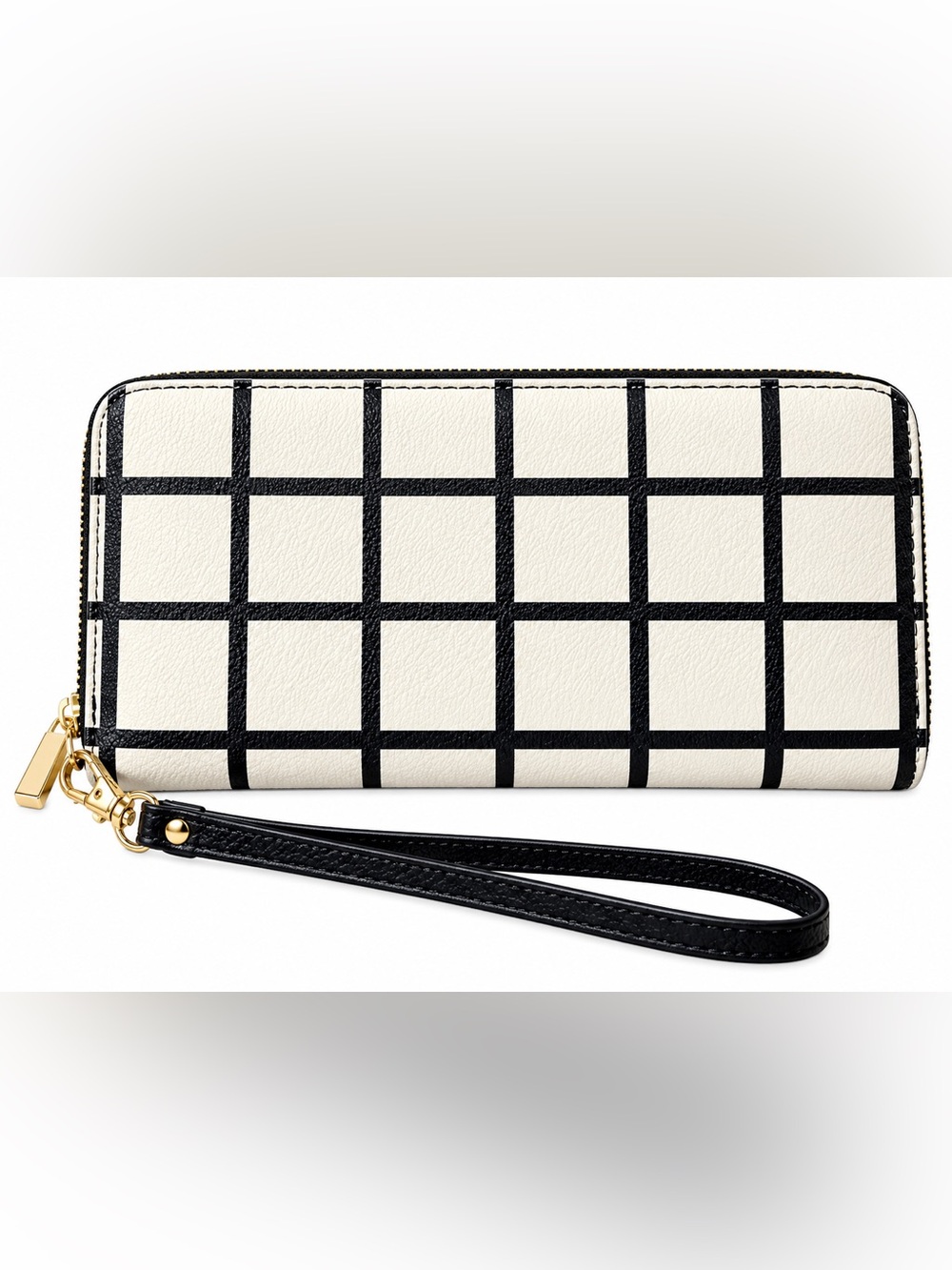 Fossil Black & Cream Windowpane Zip Around Wristlet Wallet Teal Interior